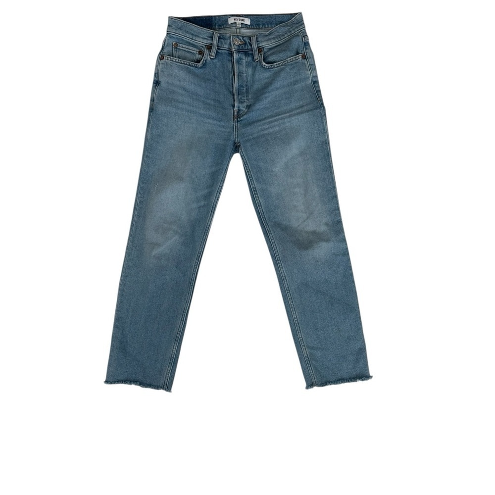 Re/Done 70s Comfort Stretch High
Rise Stove Pipe Jeans Light Stone Size 25”